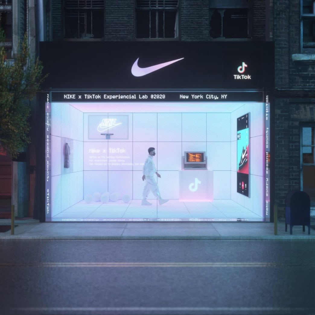Concept rendering of a checkout-free retail storefront (Nike x TikTok pop-up concept) with no cashier and no human interaction, by Hopen Lin