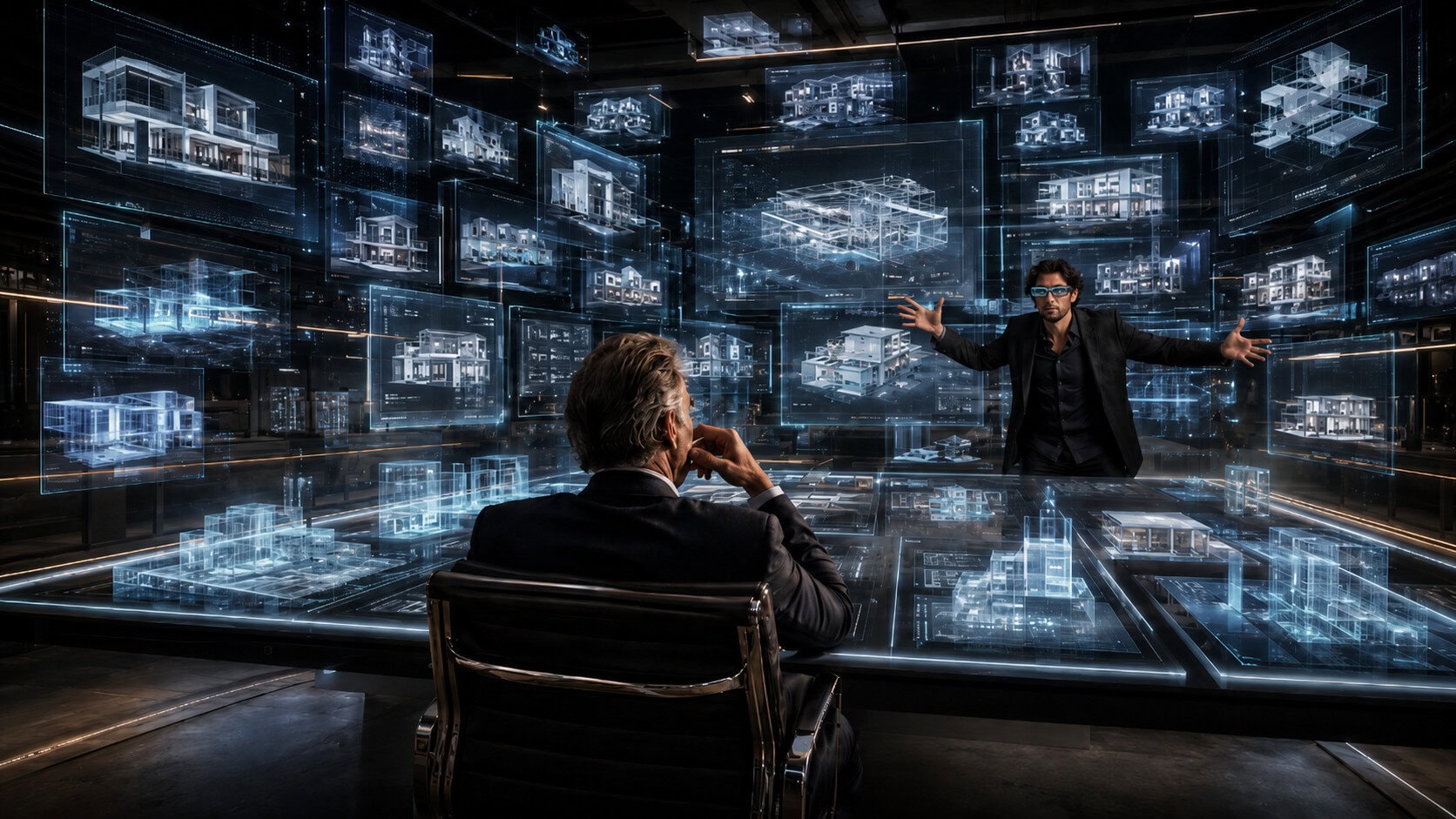 AI in architecture — a holographic office flooded with generated design options, nobody left to choose between them