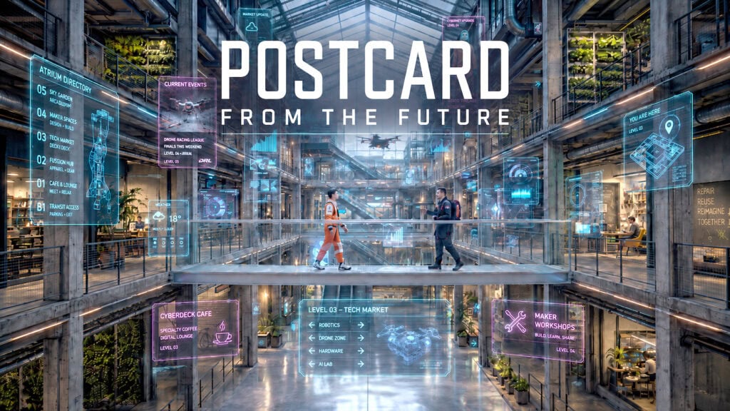Postcard-style illustration of a shopping centre reimagined for the future, glowing at dusk