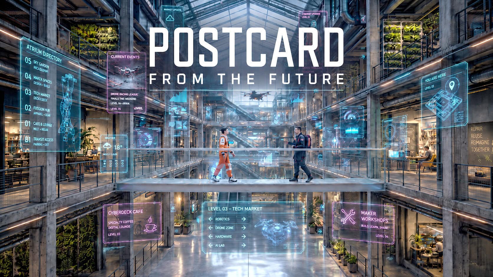 Postcard-style illustration of a shopping centre reimagined for the future, glowing at dusk