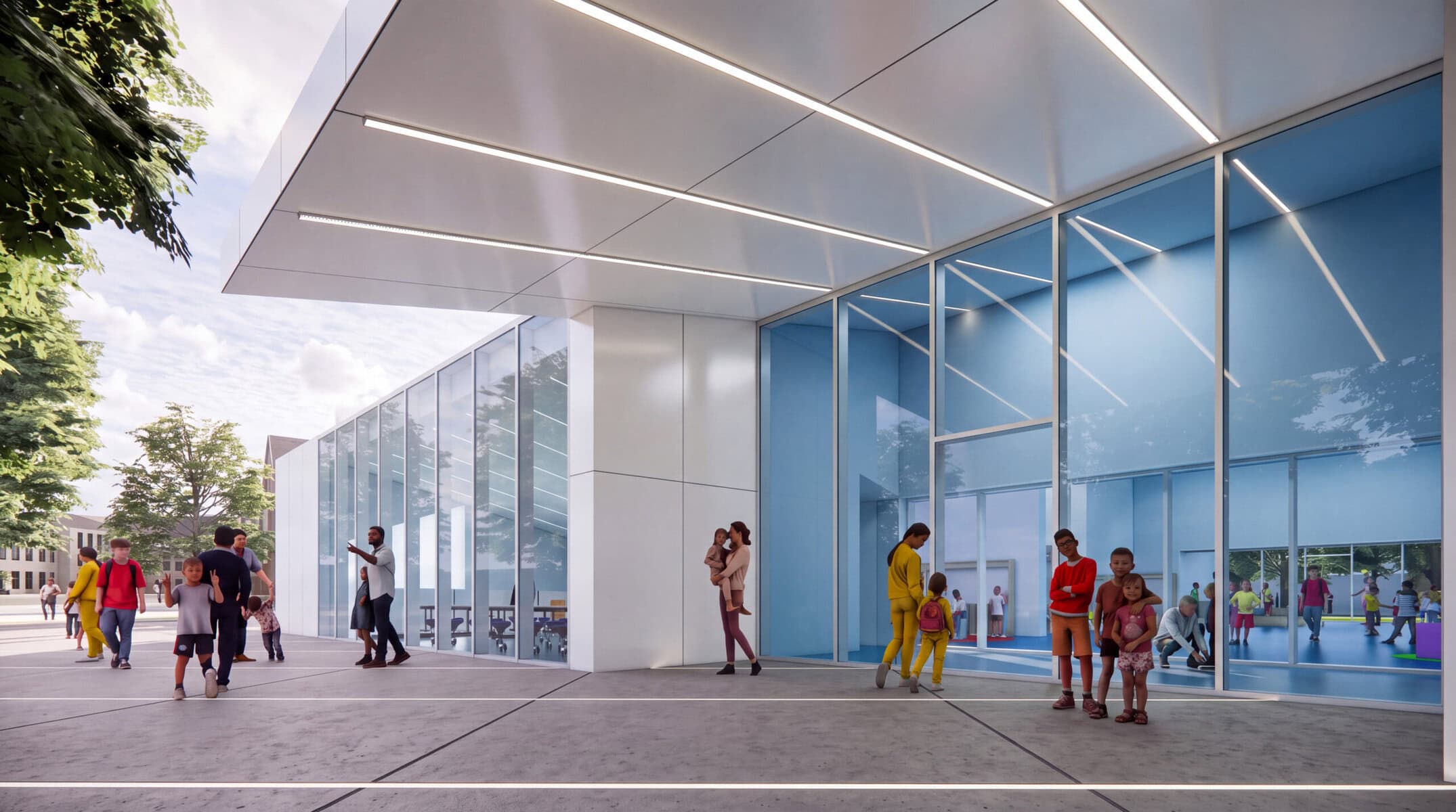 Children and families at the entrance of the VIVARO elementary school concept in Friuli